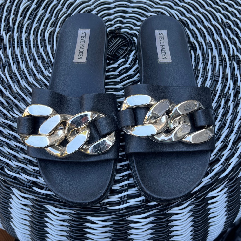 Steve Madden Black Sandals with Gold Accents. Used